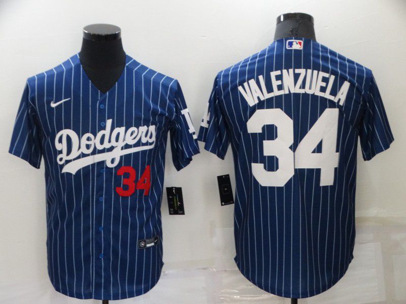 Men Los Angeles Dodgers #34 Valenzuela Blue stripe Game Nike 2022 MLB Jersey